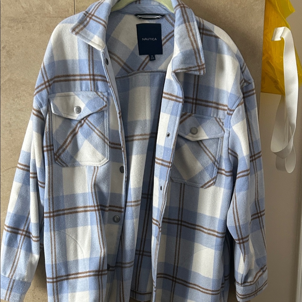 Nautica Light Blue and Brown Woman's Plaid Overshirt